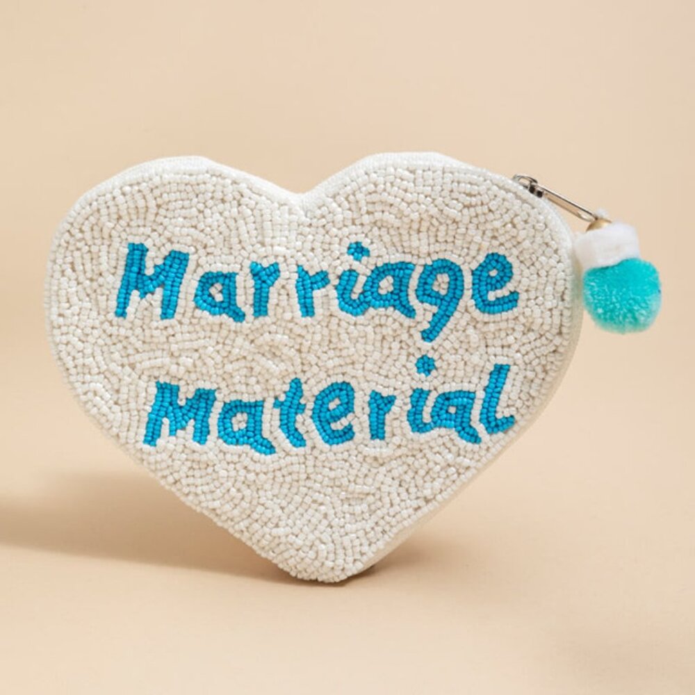 NEW Marriage Material Heart Shaped Seed Beaded Coin Pouch with Pom-Pom